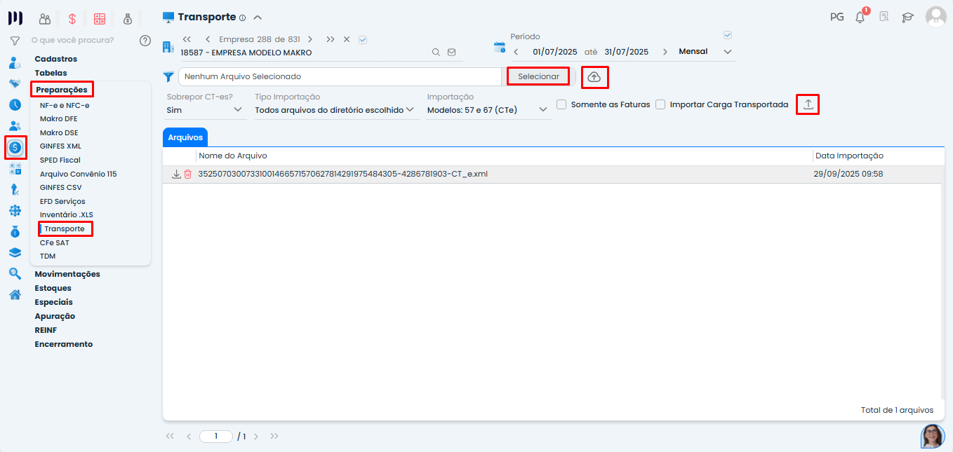 Tela do Sistema Contábil Makro na importação de XML do Conhecimento de Transporte para o sistema, com seleção do arquivo e opções destacadas.