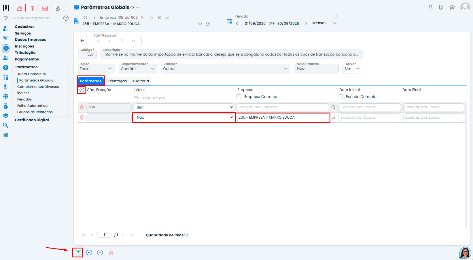 Aba Parâmetros do Sistema Contábil Makro com registro configurado para Transações na Importação (Parâmetro 527) por empresa.