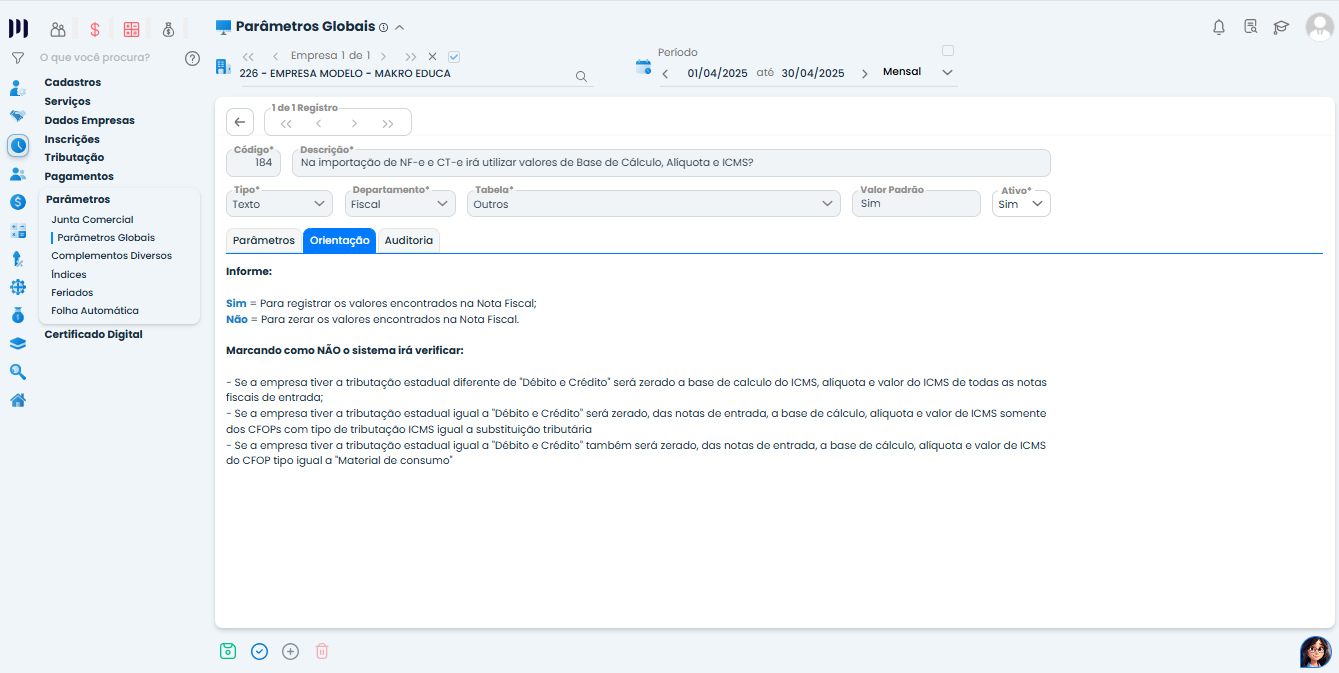 Tela de edição do parâmetro global 184 no Sistema Contábil Makro, exibindo a opção de Parâmetros de empresas do Simples Nacional.