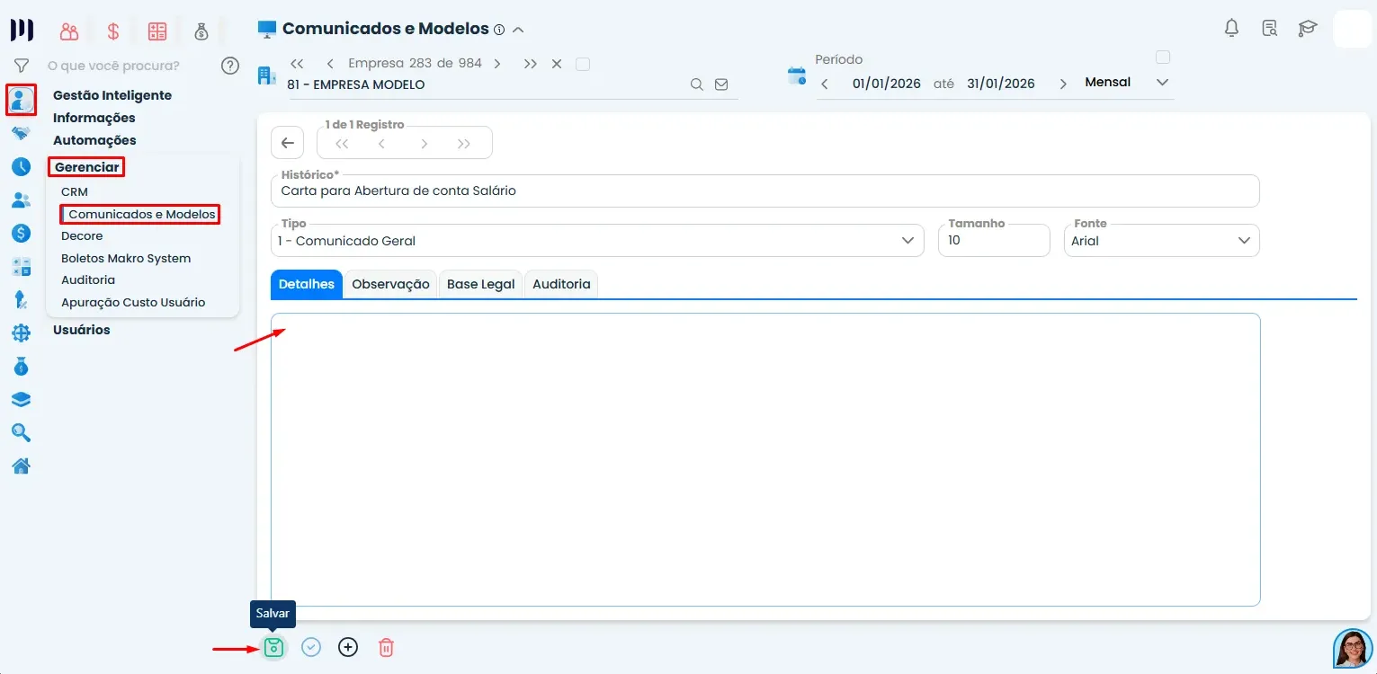 Tela do Sistema Contábil Makro com o editor de conteúdo de editar texto de um relatório, permitindo alterar informações e salvar as mudanças.