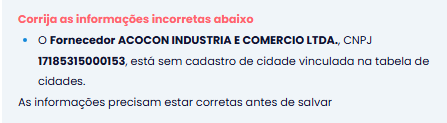 Mensagem de erro na Geração do EFD Fiscal do Sistema Contábil Makro informando fornecedor sem cidade vinculada no cadastro, impedindo a validação fiscal.