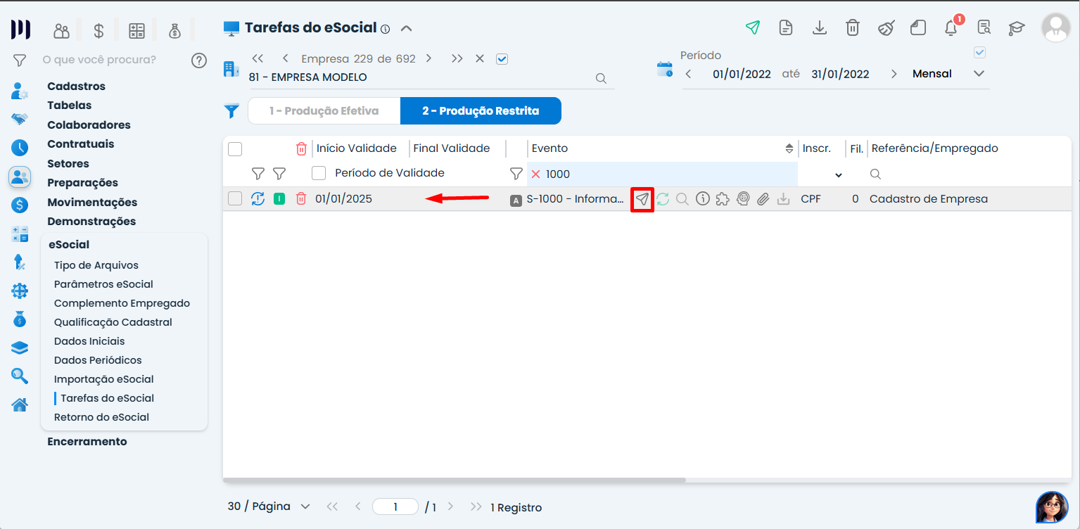 Tela de Tarefas do eSocial com reenvio do evento S-1000 no Sistema Contábil Makro para corrigir Classificação tributária não permitida.