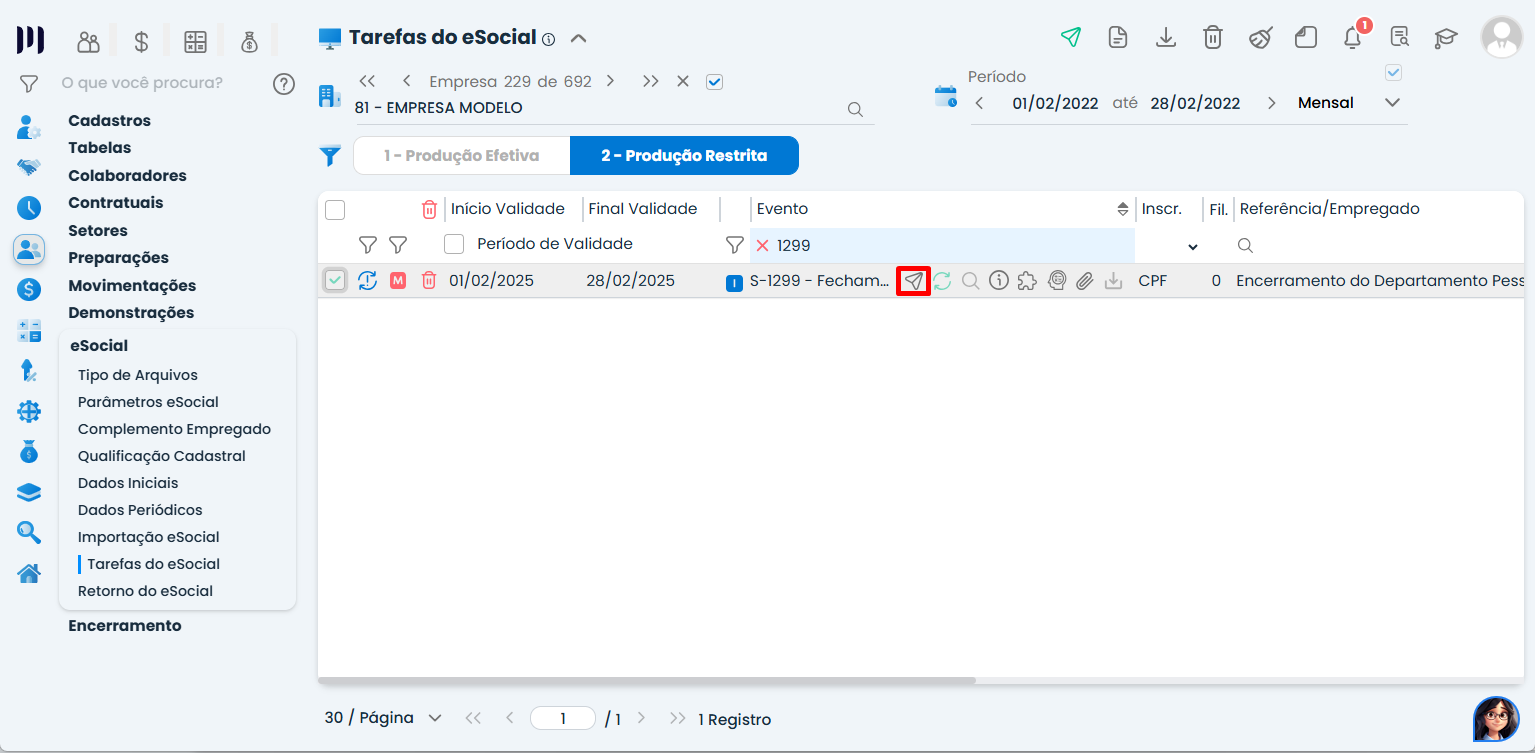 Tela de Tarefas do eSocial exibindo o envio do evento S-1299 no Sistema Contábil Makro após o fechamento para Classificação tributária não permitida.