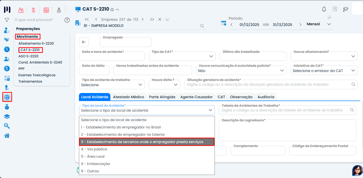 Tela do Sistema Contábil Makro exibindo o campo Tipo de local do acidente na CAT S-2210 para corrigir Valor diferente do CNPJ/CPF do empregador.