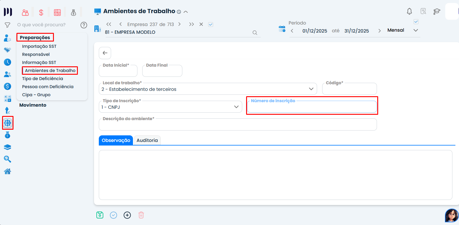 Tela do Sistema Contábil Makro mostrando o cadastro do Ambiente de Trabalho para informar CNPJ de terceiro e corrigir Valor diferente do CNPJ/CPF do empregador.