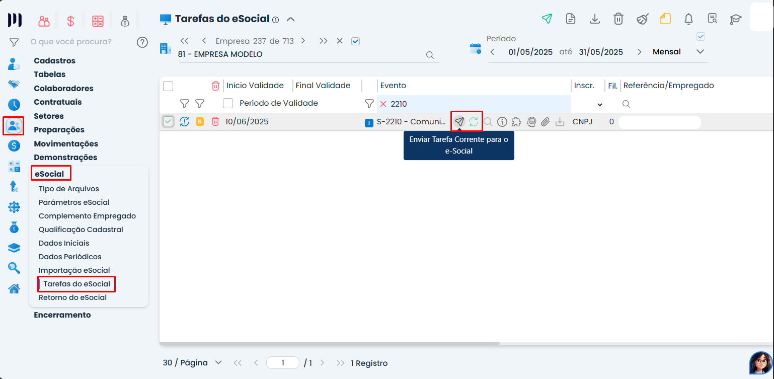 Tela do Sistema Contábil Makro com a opção de reenviar o evento S-2210 ao eSocial após ajustar Valor diferente do CNPJ/CPF do empregador.