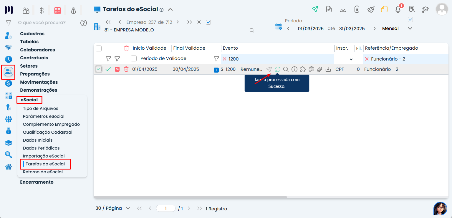 Tela de Tarefas do eSocial mostrando evento S-1200 processado com sucesso para correção do eSocial 724 no Sistema Contábil Makro.