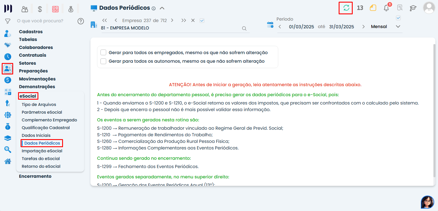 Tela de Dados Periódicos com geração de eventos do eSocial destacada para resolver o erro eSocial 724 no Sistema Contábil Makro.