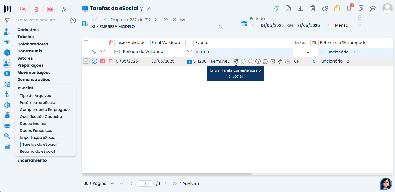 Tela de Tarefas do eSocial com envio do evento S-1200 para processamento e correção do eSocial 724 no Sistema Contábil Makro.