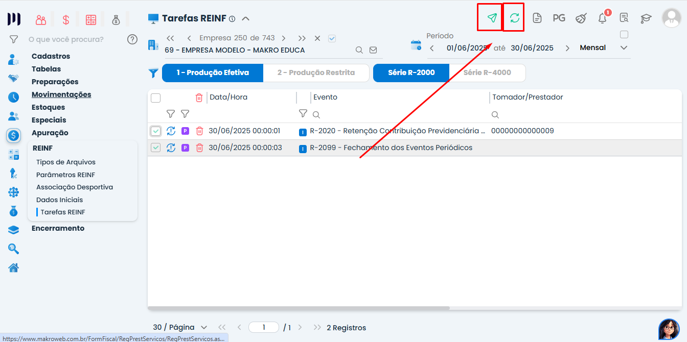 Tela de Tarefas REINF no Sistema Contábil Makro exibindo a geração e envio do Evento R-2020 para transmissão fiscal.