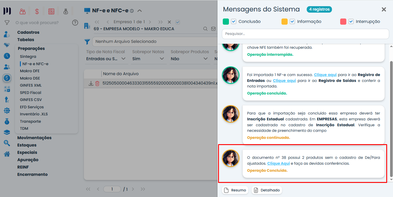 Sistema Contábil Makro exibe a Mensagem De/Para no Sistema alertando sobre produtos sem vinculação entre código do fornecedor e cadastro interno.