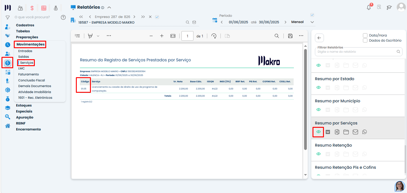 Tela do Sistema Contábil Makro mostrando o relatório Resumo por Serviços para identificar a atividade vinculada ao Simples Nacional de uma empresa de serviços.