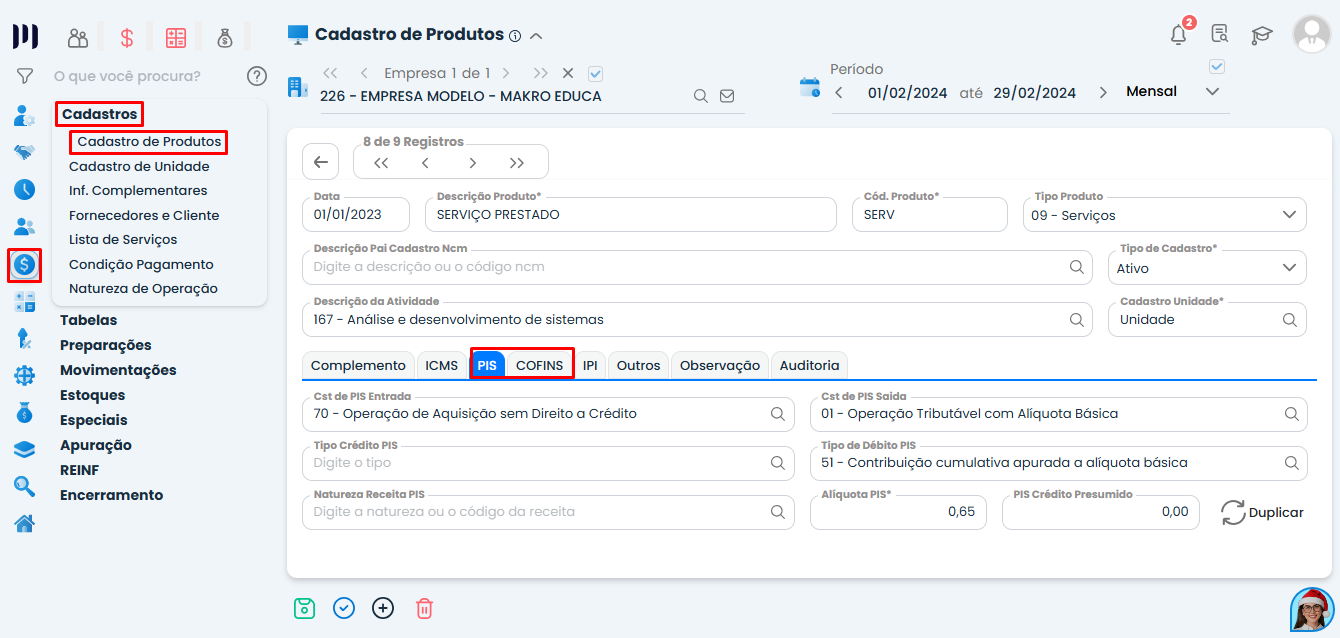 Tela do cadastro de produtos com configurações de PIS e COFINS no Sistema Contábil Makro, destacando os campos fiscais do Parâmetro 517.
