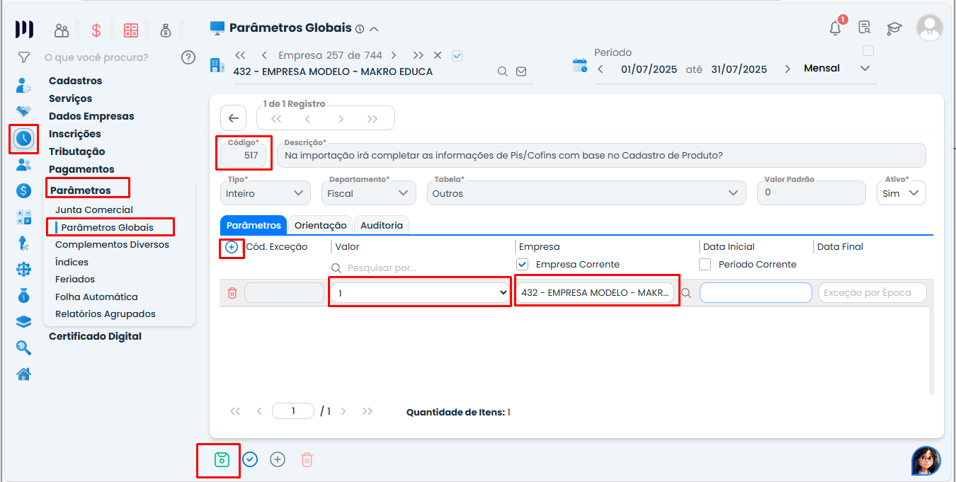 Tela de Parâmetros Globais do Sistema Contábil Makro com o Parâmetro 517 configurado para preencher PIS e COFINS conforme cadastro de produtos.
