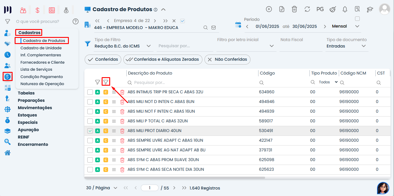Tela do Sistema Contábil Makro mostra o caminho Cadastros > Cadastro de Produtos e o acesso ao filtro para Conferência de Produtos.