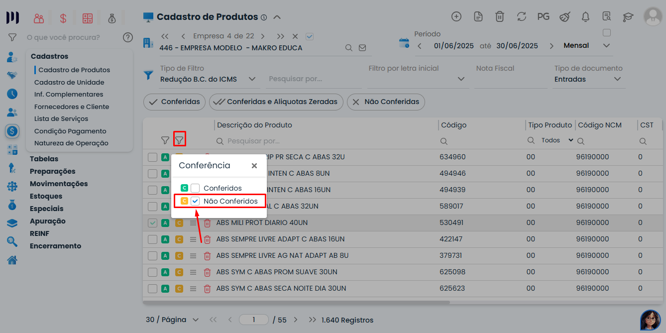 Sistema Contábil Makro apresenta o filtro "Não Conferidos" selecionado para localizar itens pendentes e realizar a Conferência de Produtos.