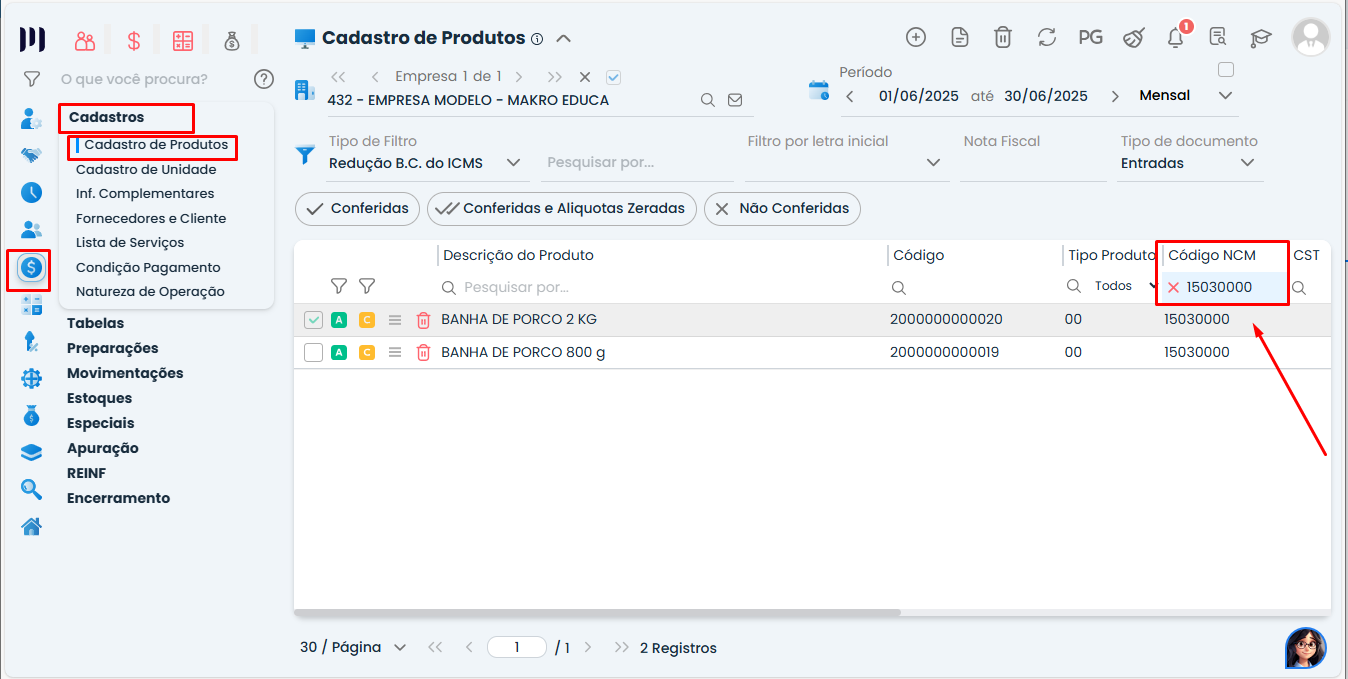 Tela do Sistema Contábil Makro destacando o filtro por NCM para localizar itens na Replicação em Massa de Produtos de forma rápida.