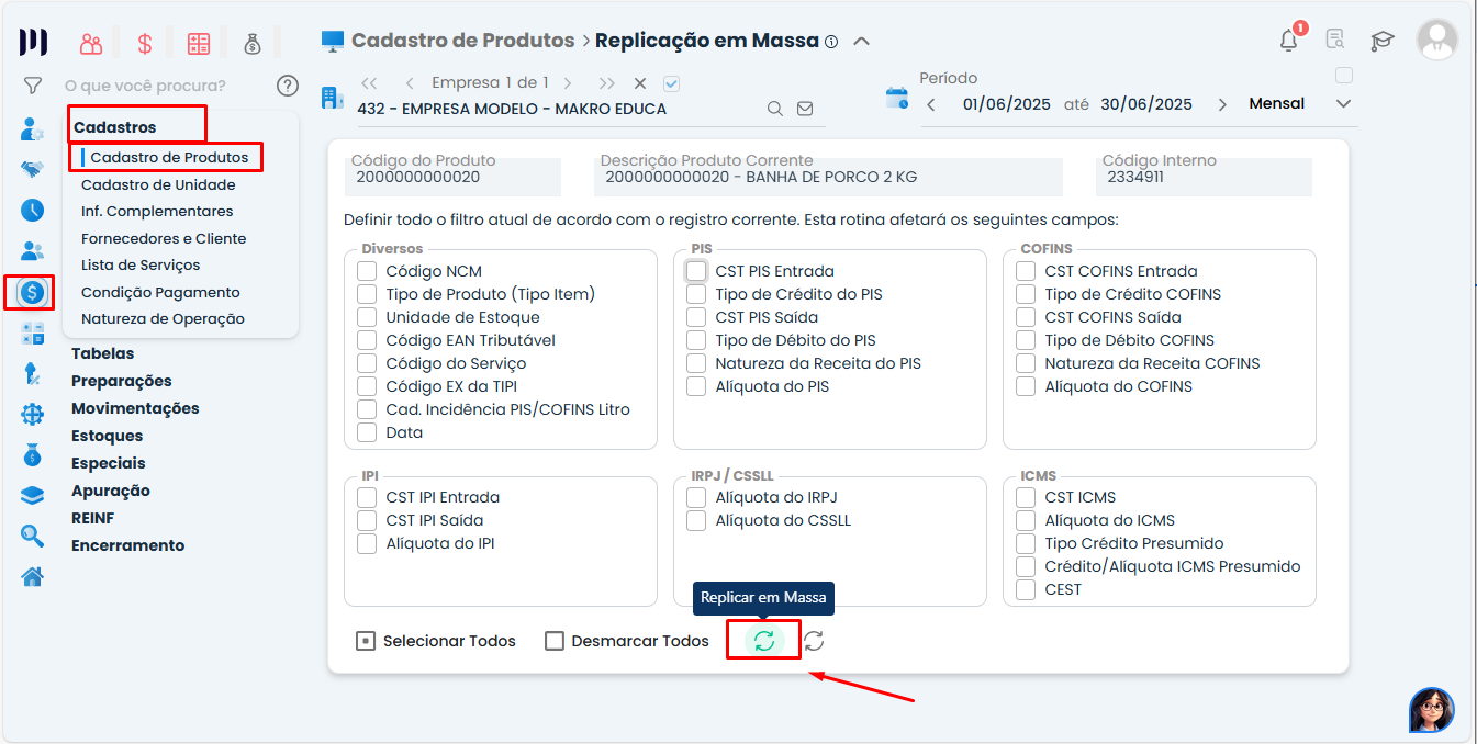 Tela do Sistema Contábil Makro exibindo a seleção dos campos e a confirmação da Replicação em Massa de Produtos para vários itens.