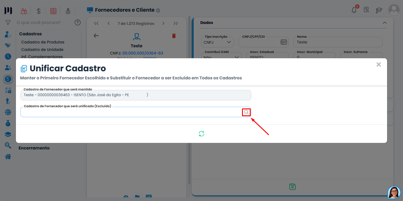 Janela do Sistema Contábil Makro exibindo a pesquisa do cadastro duplicado para unificação no Cadastro de Fornecedores e Clientes.
