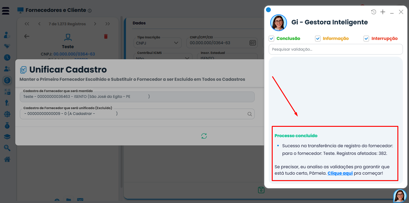 Tela do Sistema Contábil Makro exibindo a mensagem de sucesso após a unificação no Cadastro de Fornecedores e Clientes.