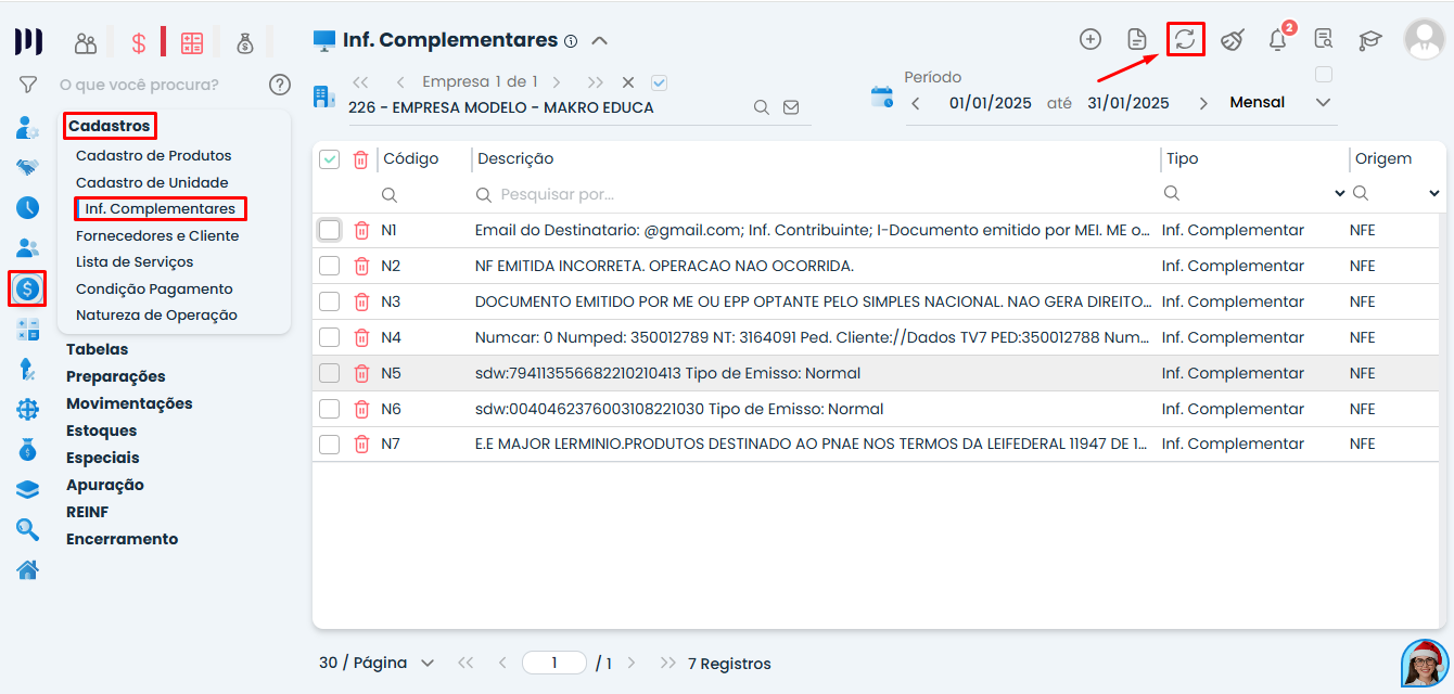 Menu Inf. Complementares do Sistema Contábil Makro com destaque para a opção de reordenar cadastros na Validação SPED FISCAL.