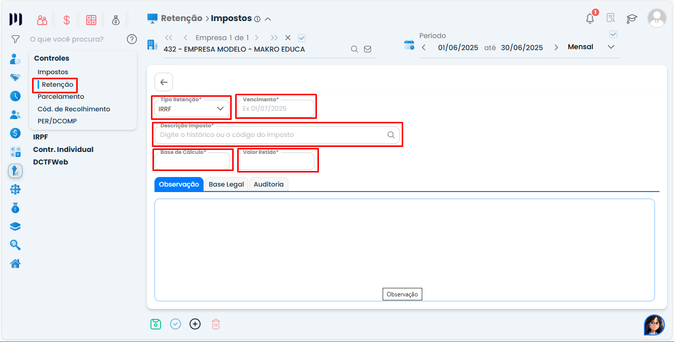 Tela de impostos no Sistema Contábil Makro exibindo campos de retenções em demais documentos para vencimento, base e valor retido.