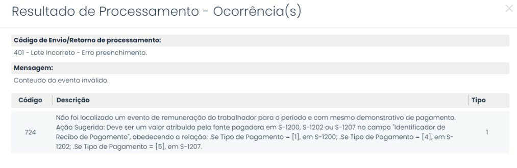 Tela de ocorrência do eSocial 724 exibindo erro de remuneração não localizada para pagamento enviado, no Sistema Contábil Makro.