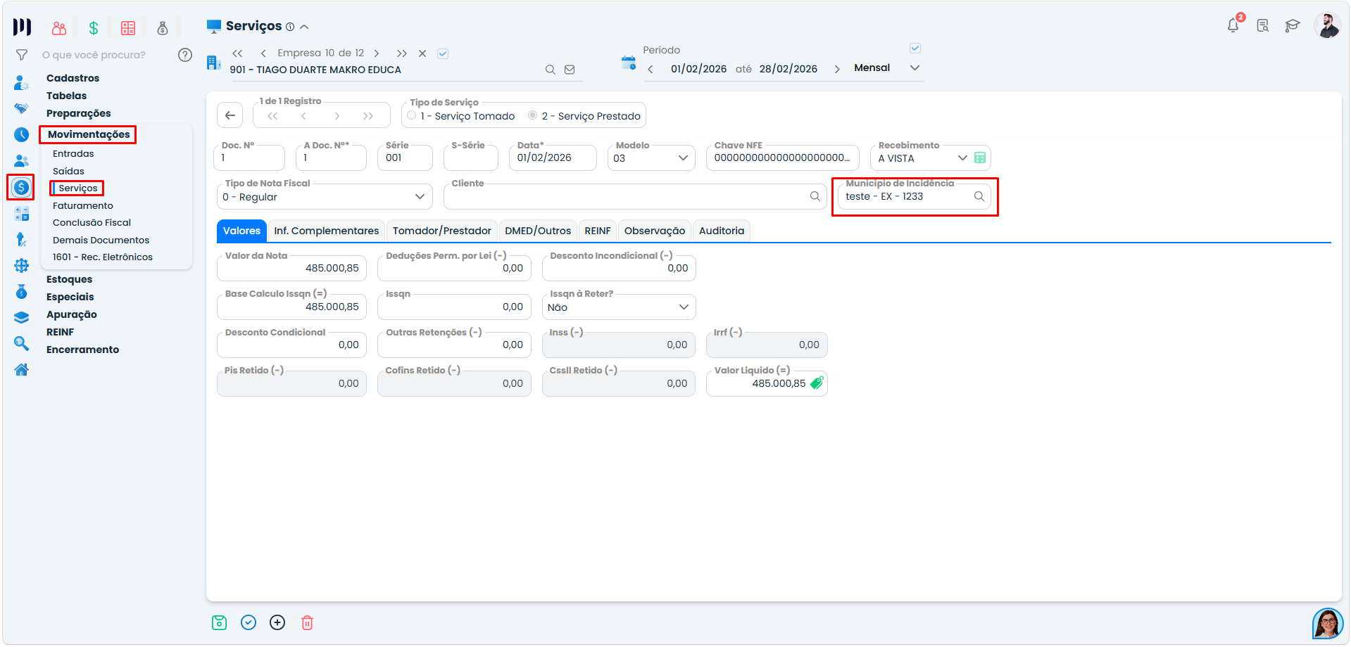 Tela do Sistema Contábil Makro destacando o campo Município de Incidência como Exterior, em Como configurar a Nota Fiscal no Makrosystem.