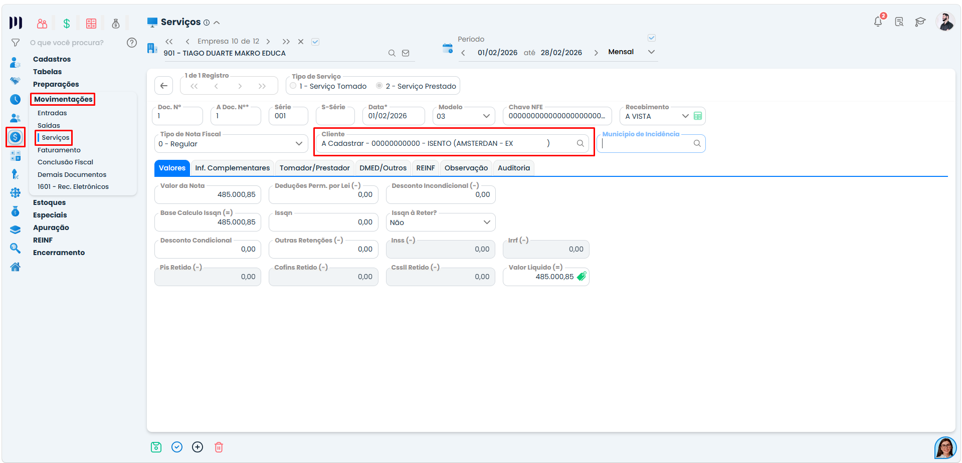 Tela do Sistema Contábil Makro exibindo o cadastro do cliente com endereço no exterior, em Como configurar a Nota Fiscal no Makrosystem.