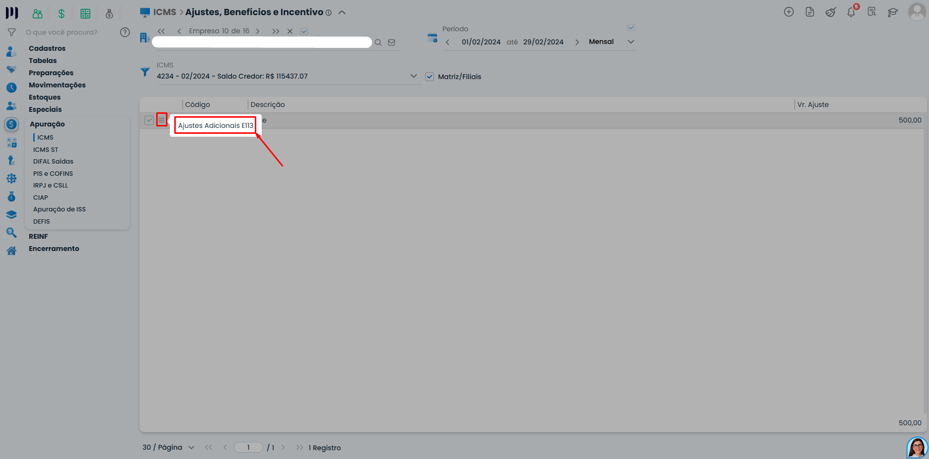 Sistema Contábil Makro mostrando o ajuste cadastrado com acesso ao menu Ajustes Adicionais E113 para detalhamento do Registro E113.