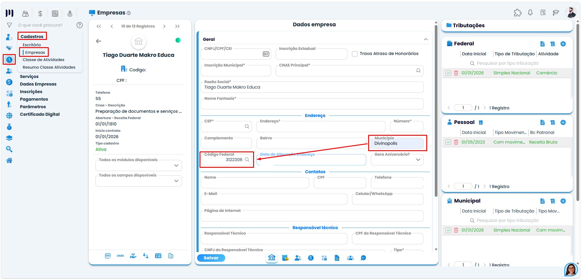 Tela do Sistema Contábil Makro exibindo os campos Código Federal e Município da empresa para validar o cálculo do Simples Nacional.