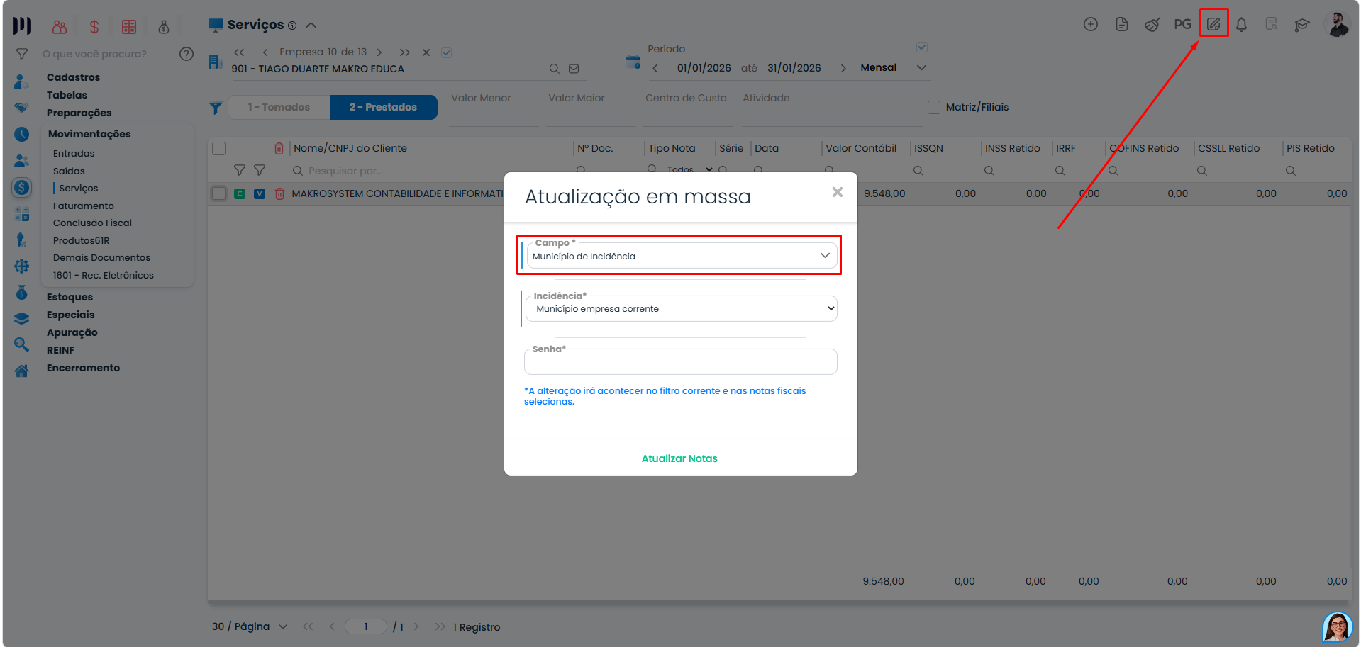Tela do Sistema Contábil Makro exibindo a atualização em massa do Município de Incidência para o cálculo do Simples Nacional.