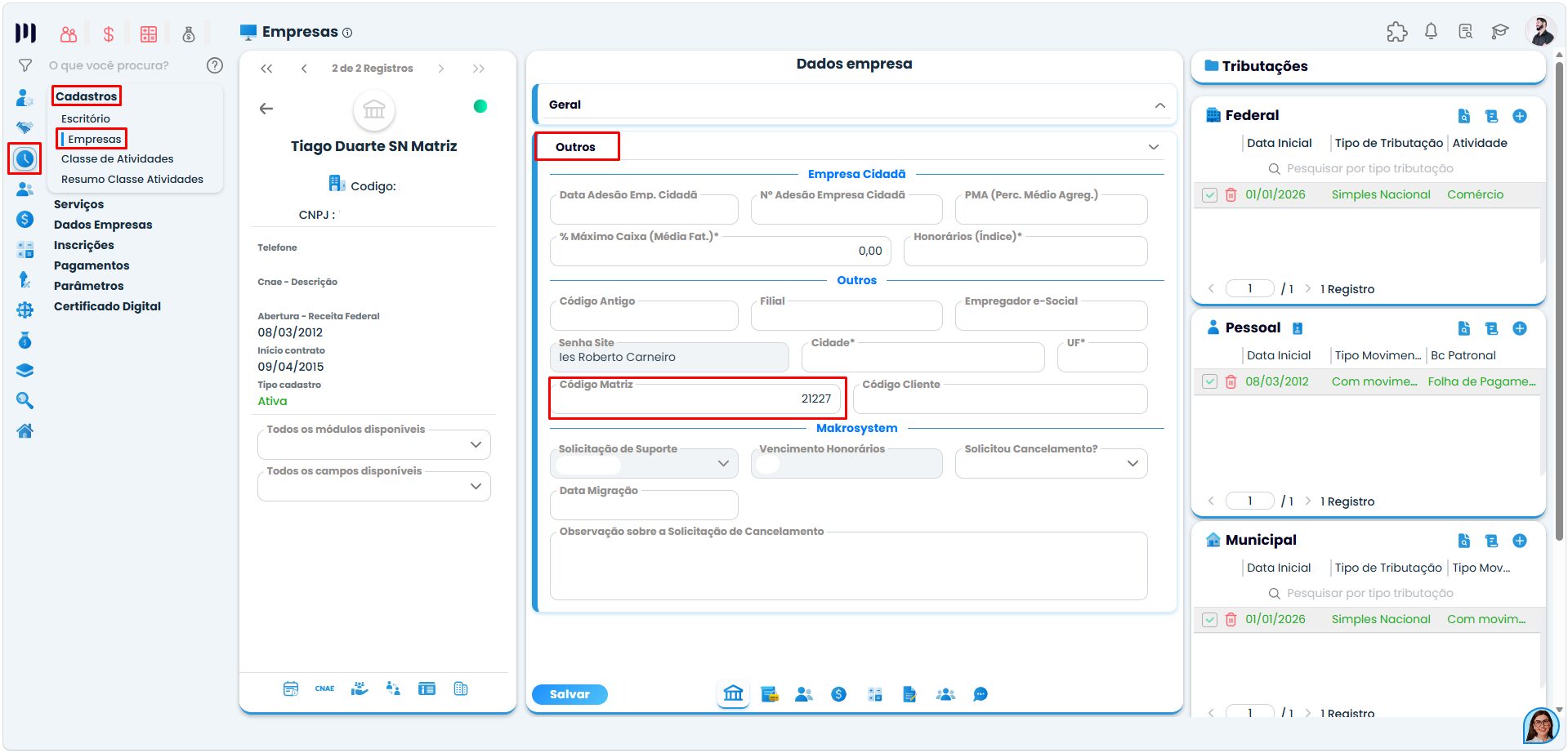 Tela do Sistema Contábil Makro exibindo o cadastro da empresa Filial na aba Outras, com destaque para o campo Código Matriz utilizado na vinculação ao grupo empresarial.