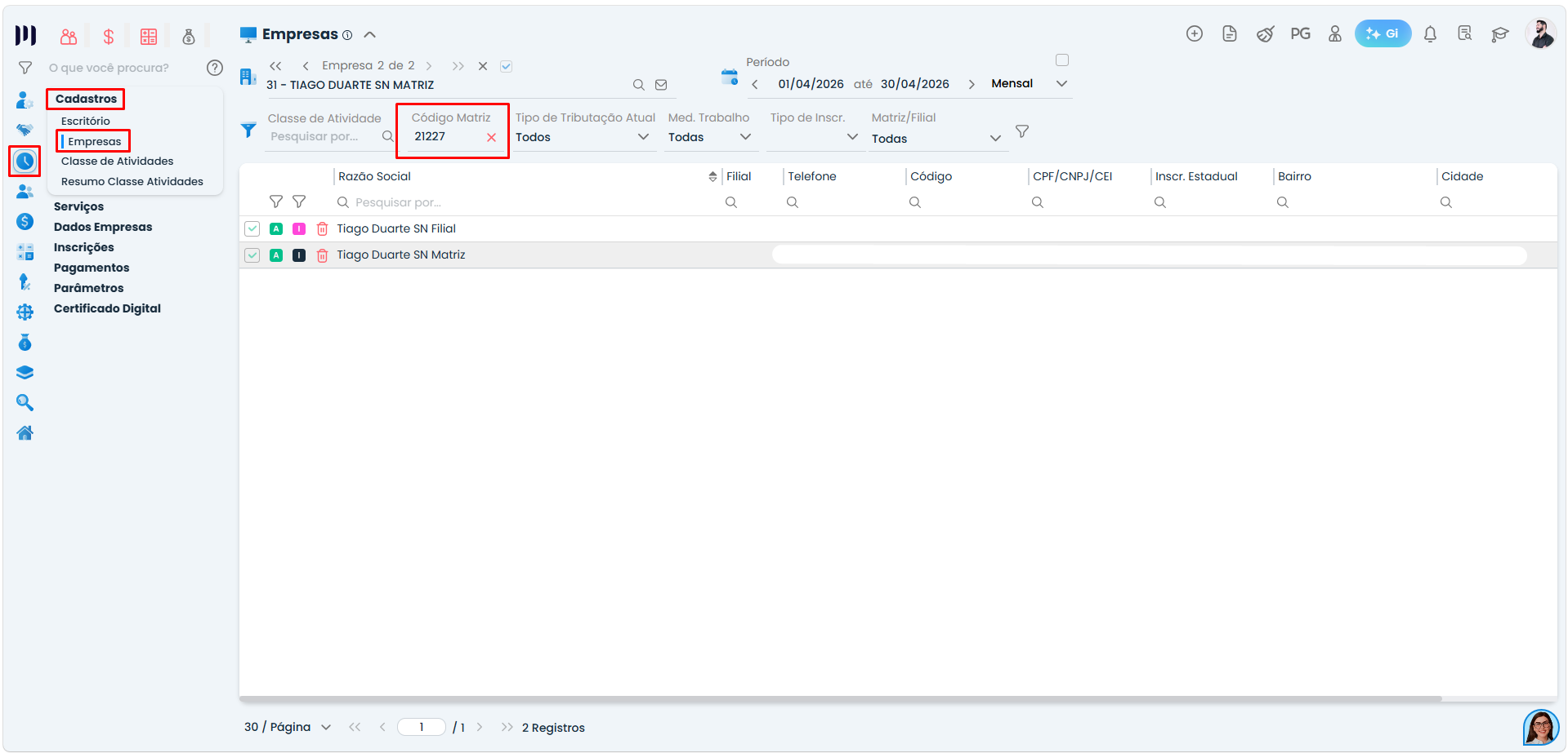 Tela do Sistema Contábil Makro apresentando a listagem de empresas e o filtro por Código Matriz para localizar e visualizar registros da empresa Filial vinculados ao mesmo grupo empresarial.