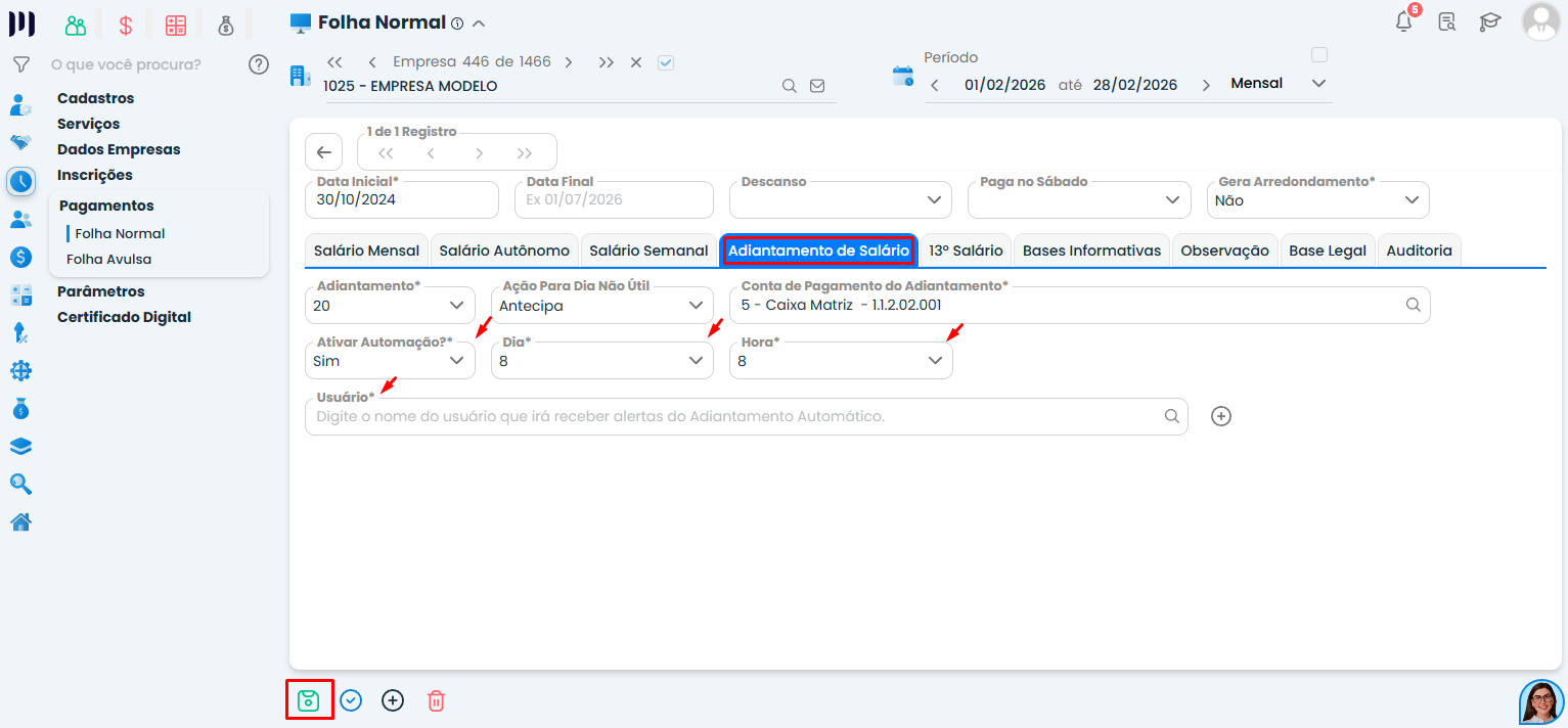 Configuração da automação da folha de adiantamento no Sistema Contábil Makro, com definição de dia, horário e usuário responsável.