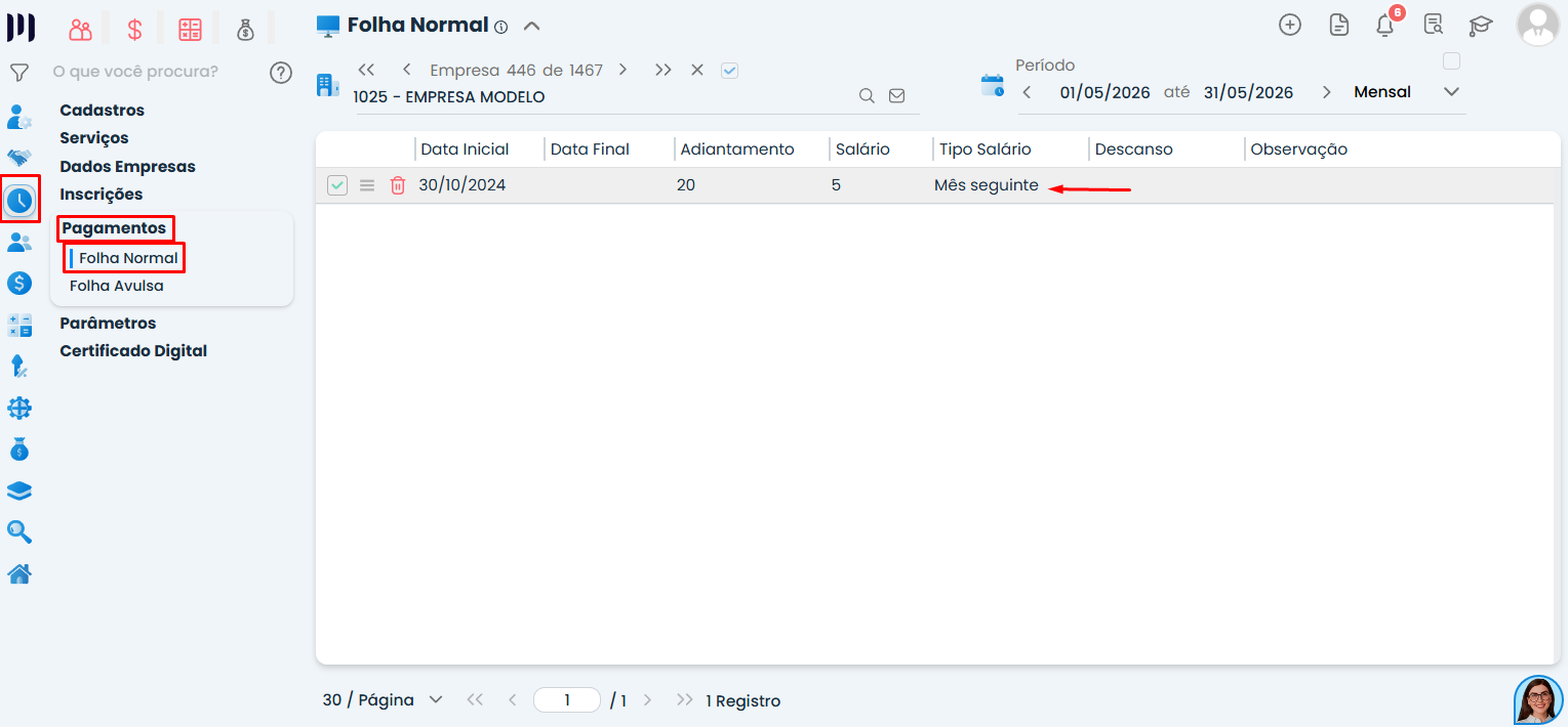 Tela do Sistema Contábil Makro destacando o caminho Preparar > Pagamentos > Folha Normal para configurar a regra de adiantamento do 13º salário.
