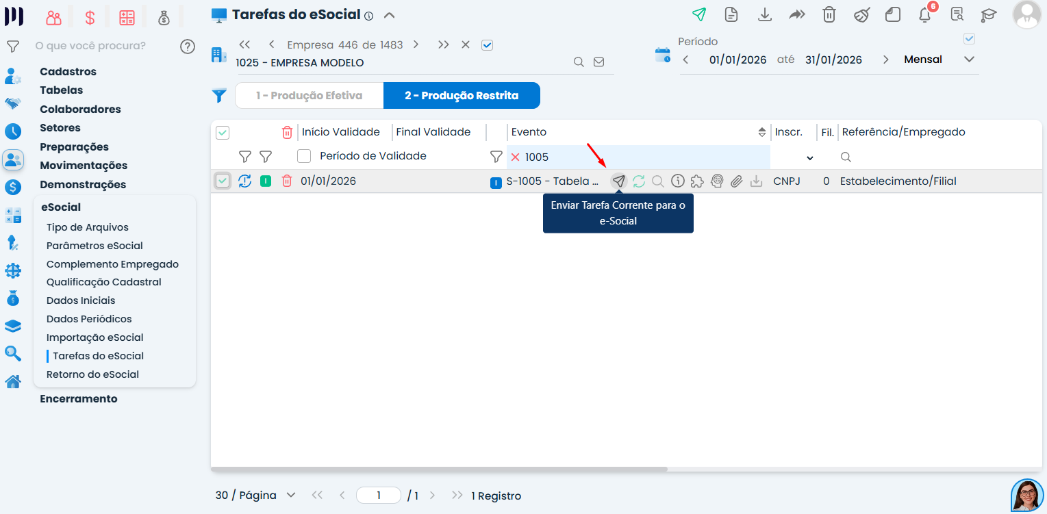 Tela do Sistema Contábil Makro exibindo o reenvio do evento S-1005 em Tarefas do eSocial para corrigir o Erro eSocial 1737 automaticamente.