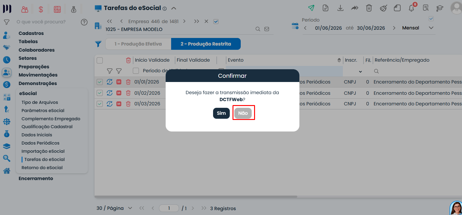 Tela do Sistema Contábil Makro exibindo confirmação para transmitir a DCTFWeb imediatamente com a opção "Não", orientando o Erro 108 no eSocial.