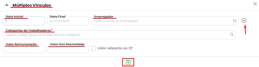 Tela do Sistema Contábil Makro com o formulário de Múltiplos Vínculos para informar empregador, remuneração e Múltiplos Vínculos Desconto de INSS.