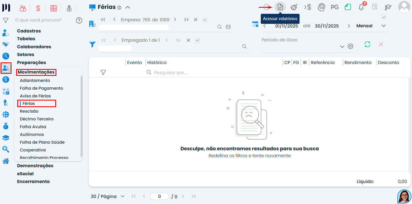 Interface do Sistema Contábil Makro destacando o acesso ao menu de férias e relatórios para emissão do Relatório de férias com facilidade.