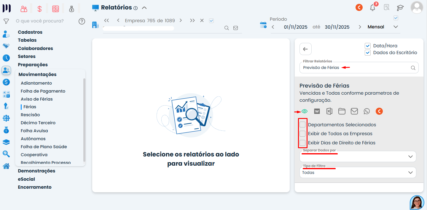 Tela do Sistema Contábil Makro exibindo a pesquisa, filtros e opções de emissão do Relatório de férias para consulta das previsões de gozo.