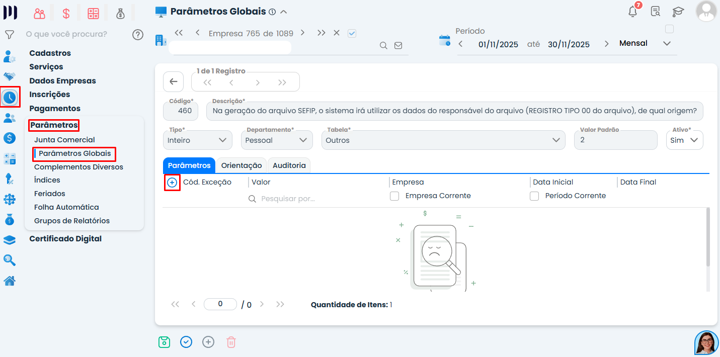 Tela do Sistema Contábil Makro exibindo o parâmetro 460 para definir o responsável pelo envio da SEFIP e solucionar o Erro SEFIP 25802.