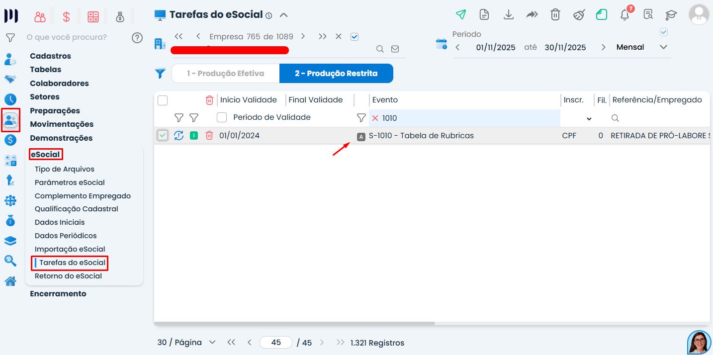 Tela de Tarefas do eSocial no Sistema Contábil Makro mostrando o envio do evento S-1010 para corrigir o erro eSocial 1612.