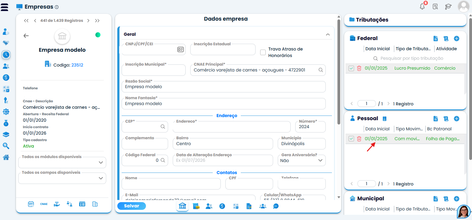 Tela de cadastro da empresa no Sistema Contábil Makro destacando o acesso à Tributação Pessoal para configurar a Sefip de código 650.