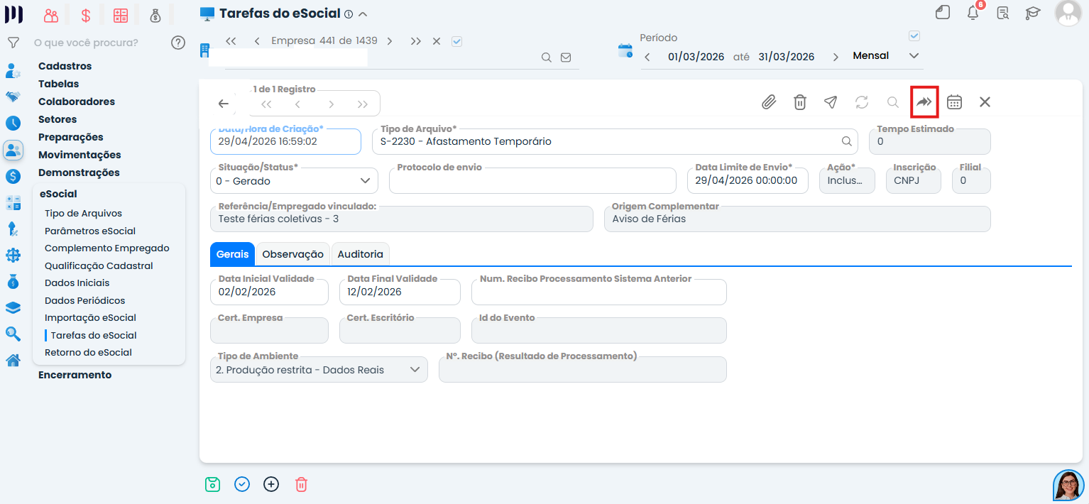 Tela do Sistema Contábil Makro exibindo o evento do eSocial com destaque para a opção de duplicar o registro, etapa do ajuste do eSocial 272.
