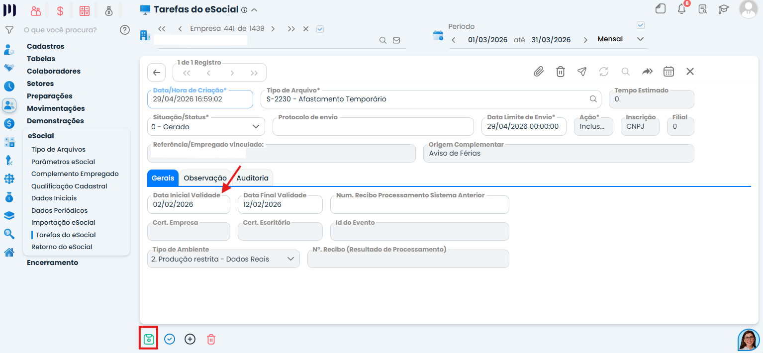 Tela de edição do evento S-1005 no Sistema Contábil Makro com destaque para a data inicial de validade, necessária para corrigir o eSocial 272.