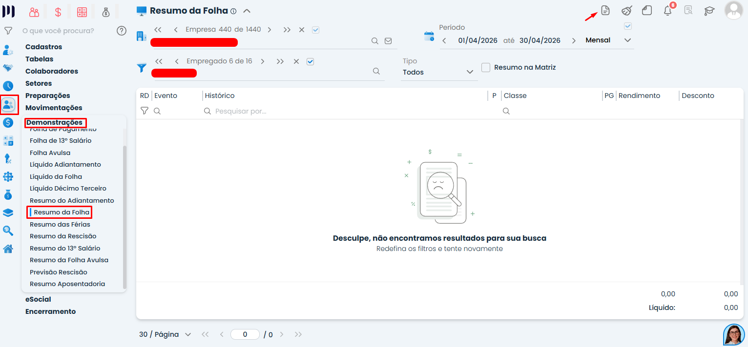 Tela do Sistema Contábil Makro exibindo o caminho para acessar o Resumo da Folha e consultar os Valores de IRRF gerados na DCTFWeb.