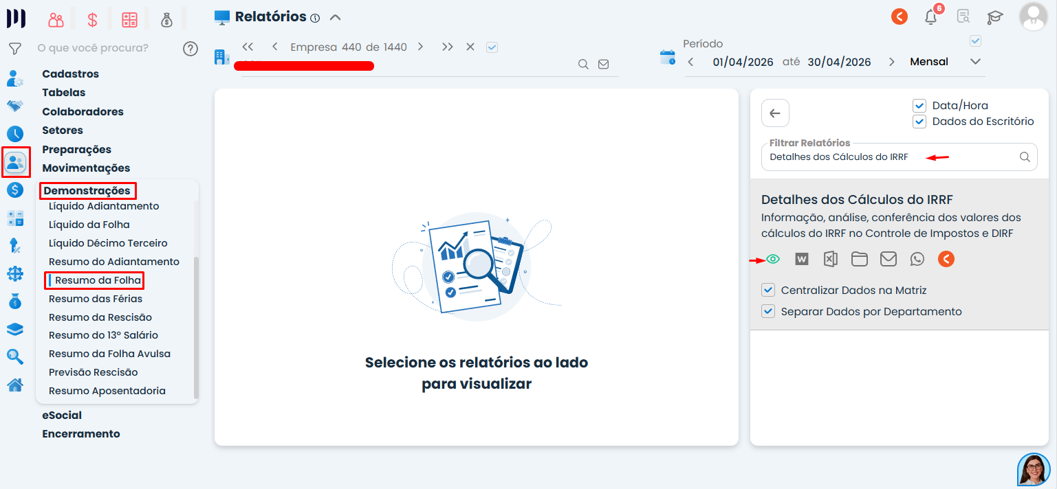 Tela do Sistema Contábil Makro com o relatório Detalhes dos Cálculos do IRRF para conferir os Valores de IRRF gerados na DCTFWeb.