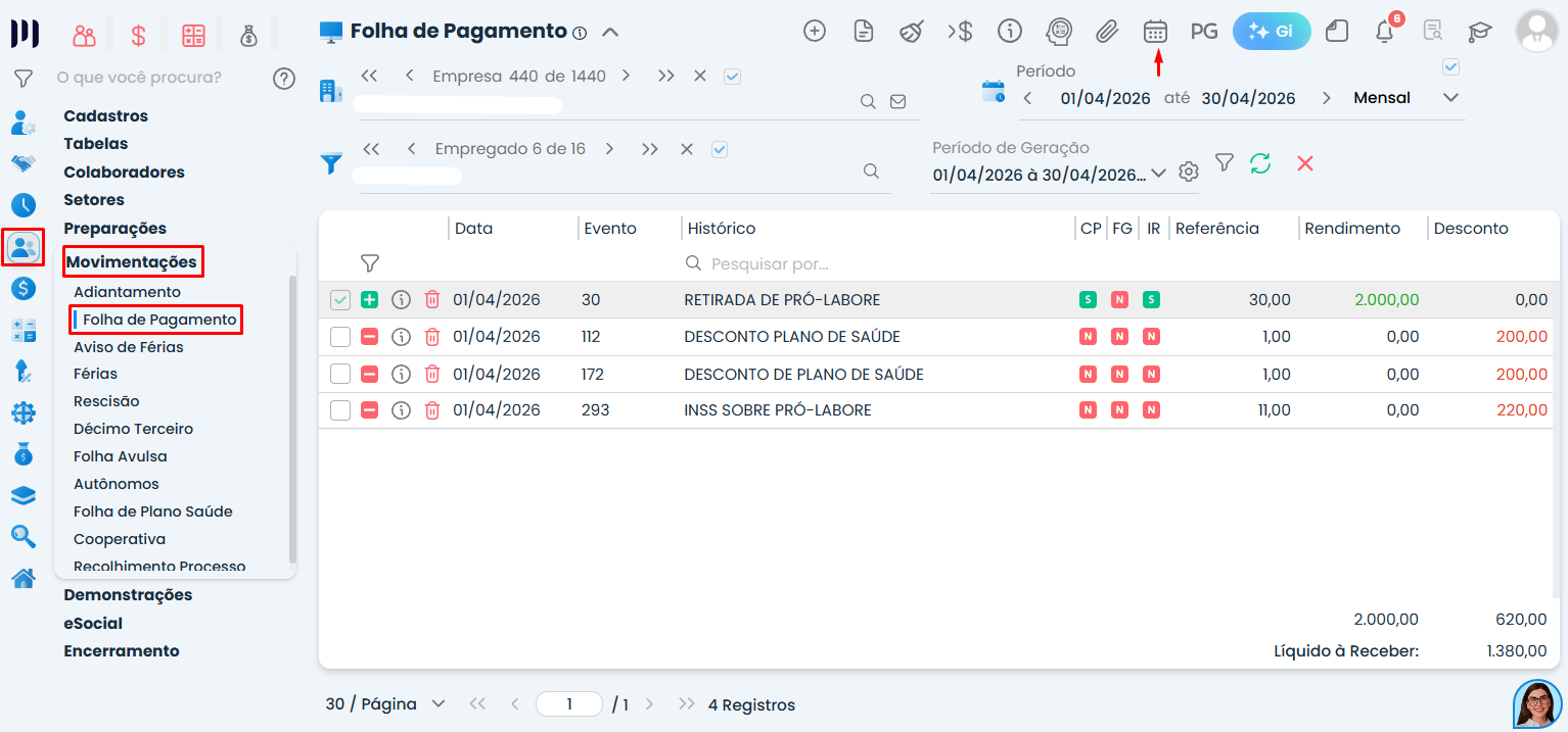 Tela da Folha de Pagamento no Sistema Contábil Makro destacando o acesso à função de Pagamento em massa para alterar datas de pagamento.