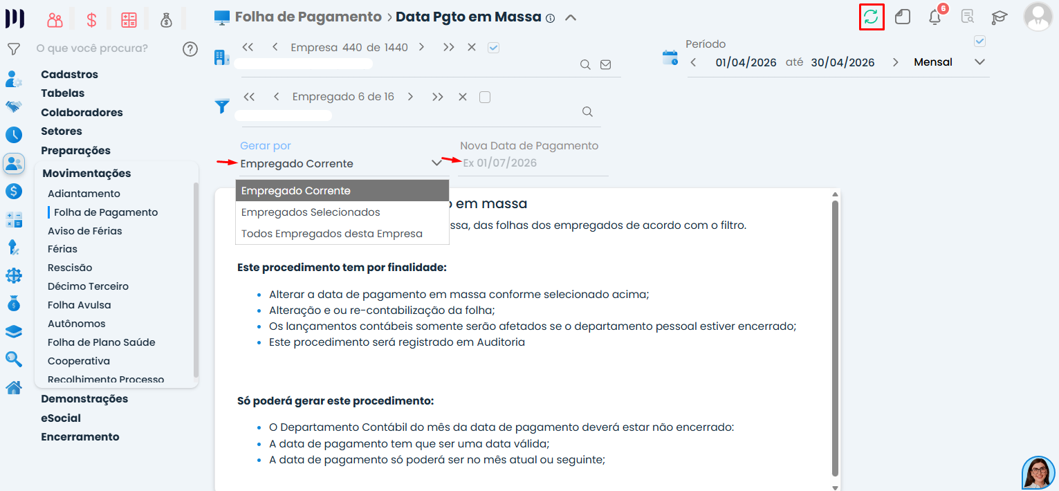 Tela de configuração do Pagamento em massa no Sistema Contábil Makro com filtros de colaboradores e nova data de pagamento definida.